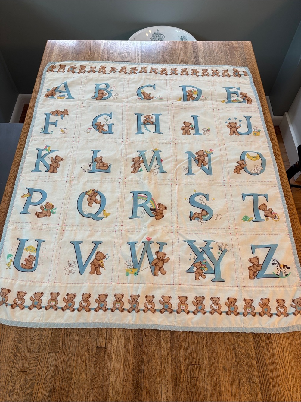 Vintage Handmade Blue Alphabet Teddy Baby Quilt - Adorable Hung on Wall/Display